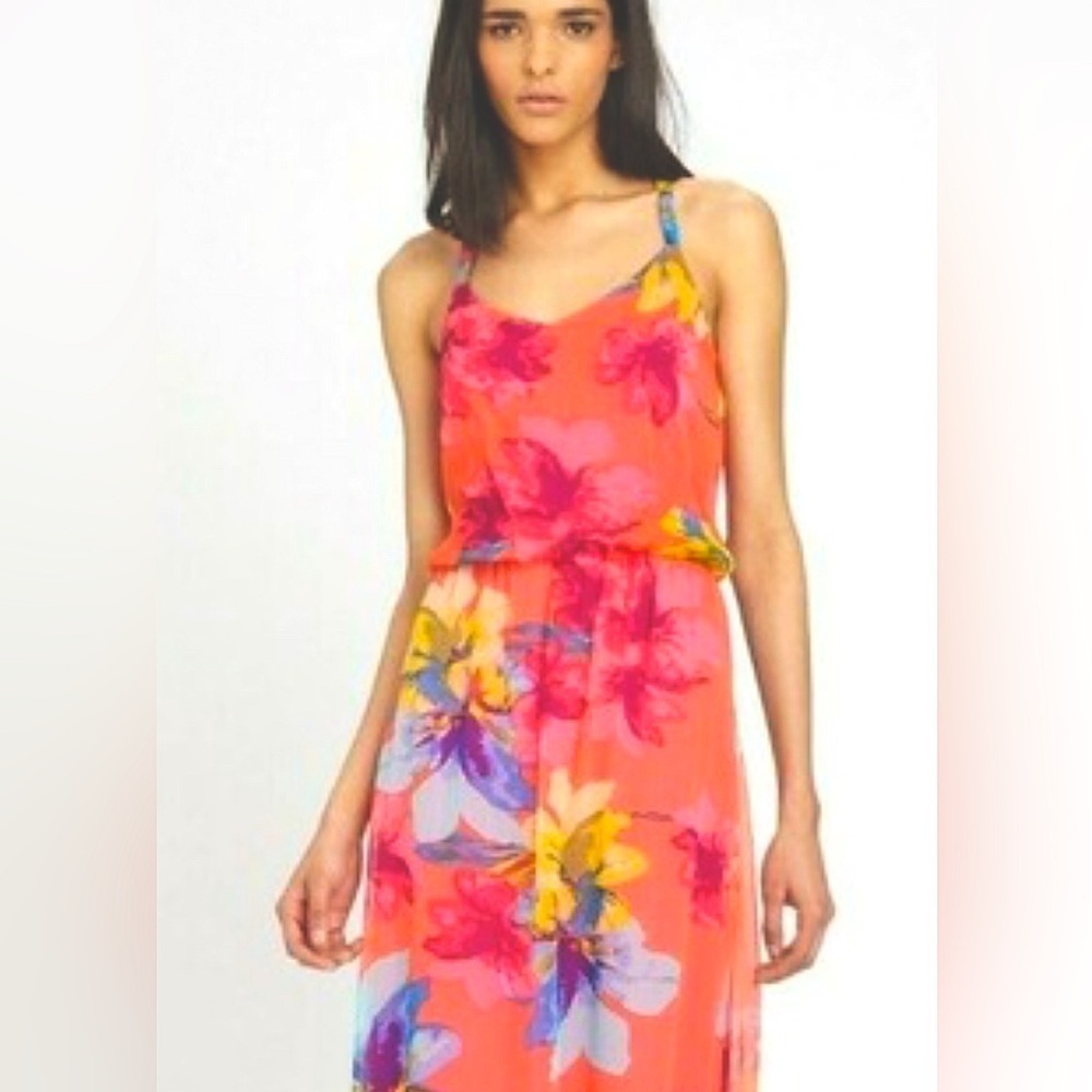 Ella Moss Hibiscus Floral Silk Strapless Dress in guava L $138 spring cocktail